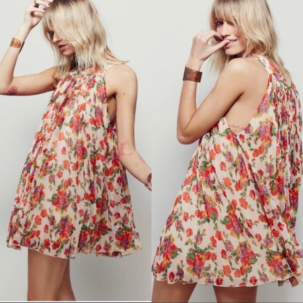 Free People Chiffon Floral Pleated Mini Dress S | Boho Romantic Flowy AS IS